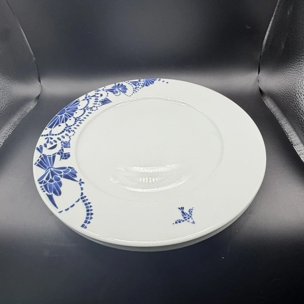 Ikea PROMENAD Blue White Dinner Plates Flying Fish Bird Floral Set/2